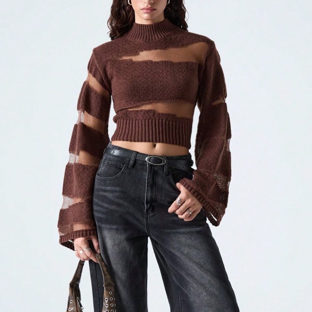 Brown Casual Women's Fashion Sheer Patchwork Flare Sleeve Cropped Sweater - Picture 2 of 7